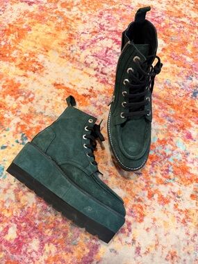 Free People Maverick Dark Green Suede Platform Lace-Up Ankle Boots